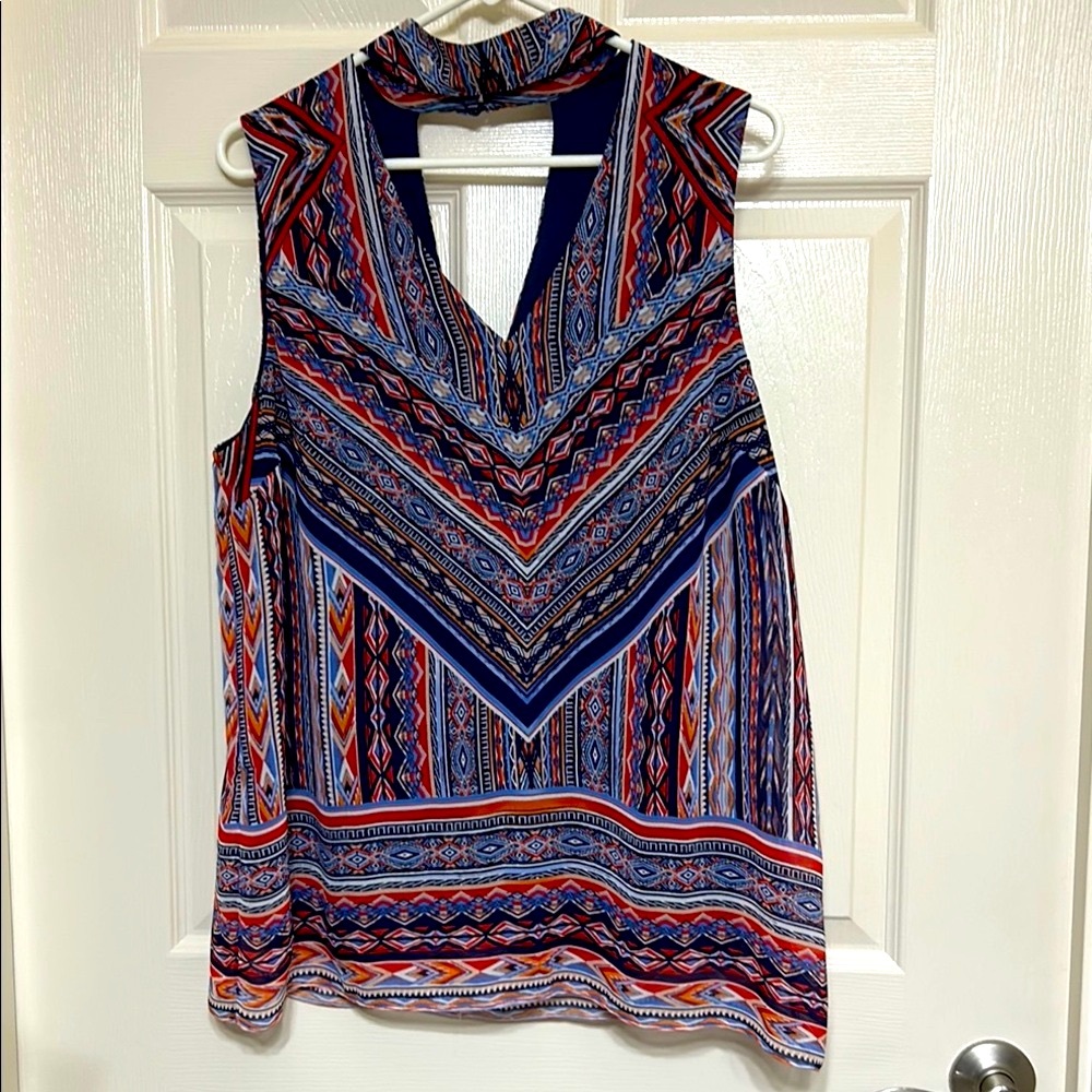 Alyx Boho Relaxed Fit Blouse, in Red White and Blue, Deep V-neck